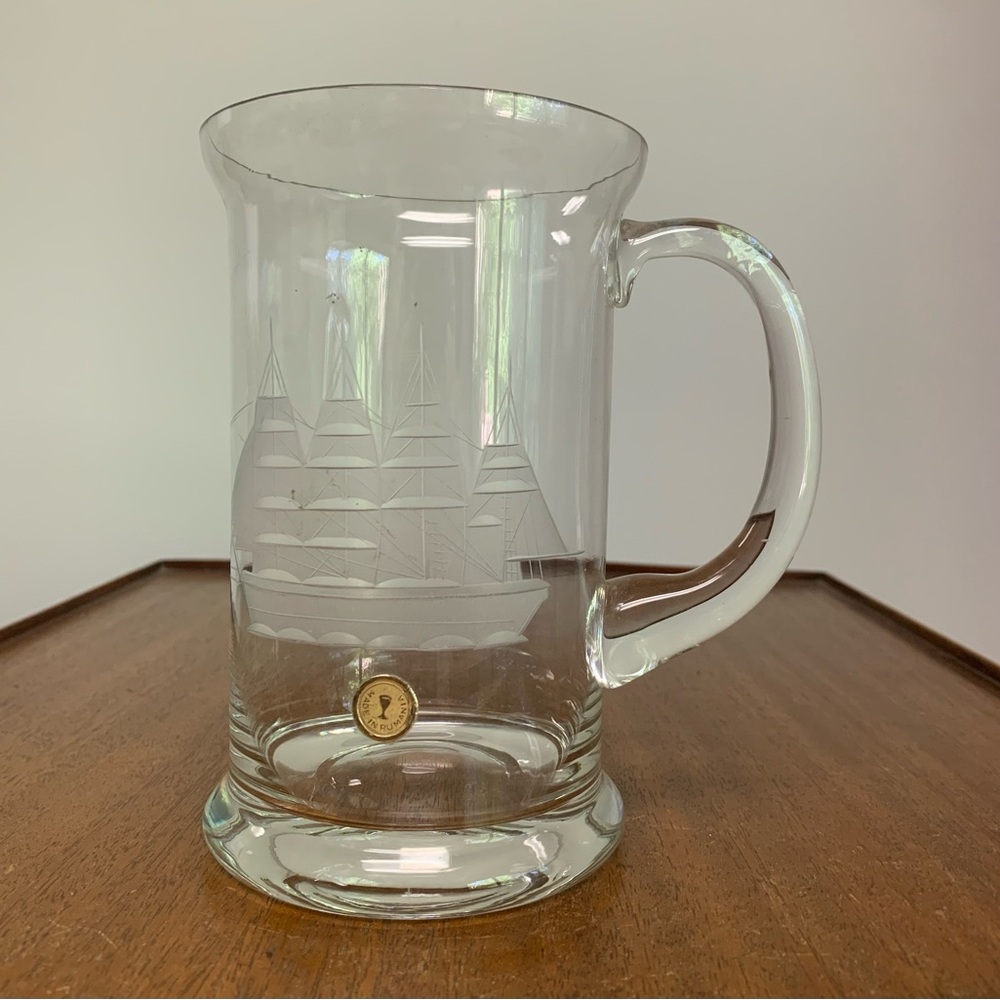 Vintage Etched Sailing Ship Glass Mug Nautical Barware Glass